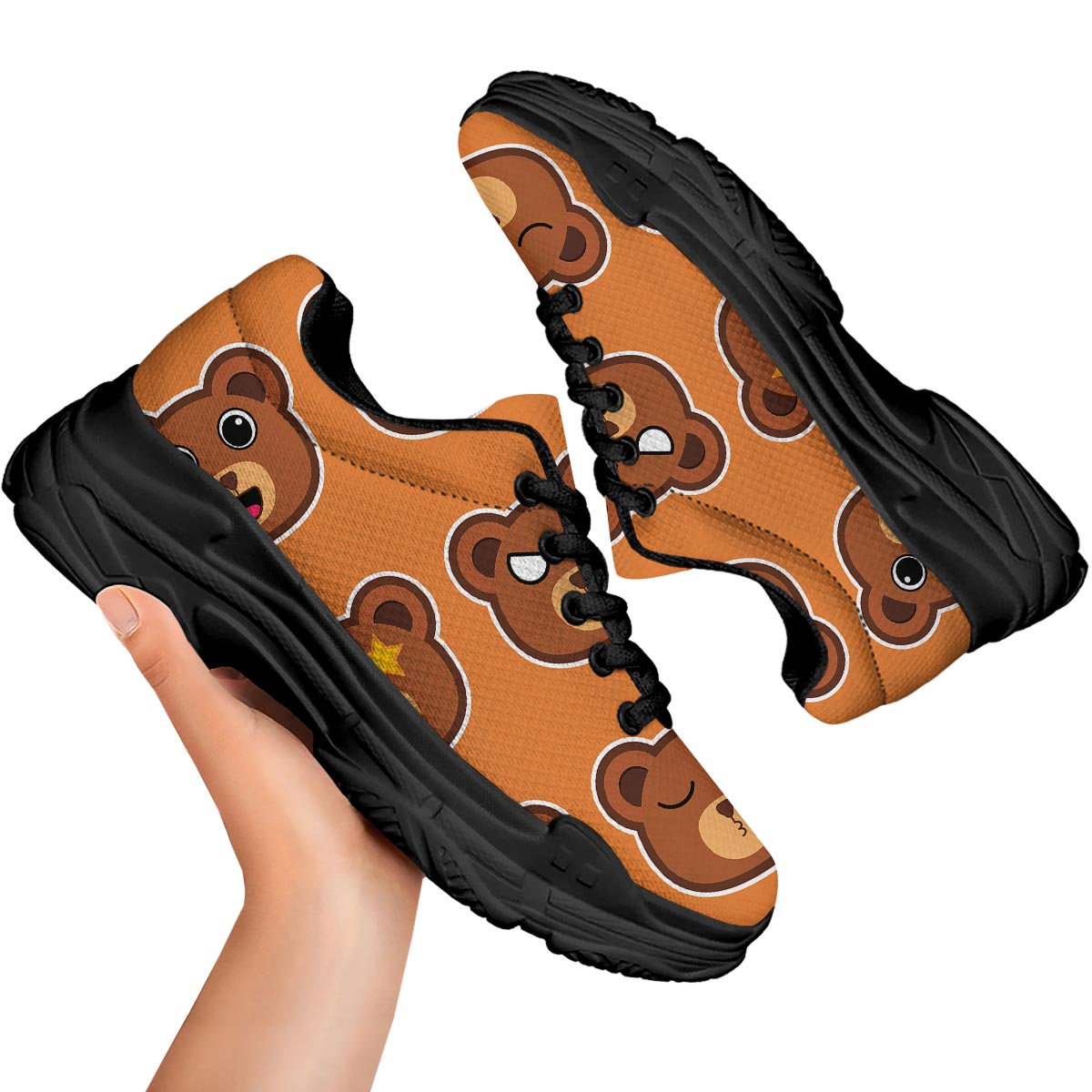 Emoji Teddy Bear Print Black Chunky Shoes-grizzshop