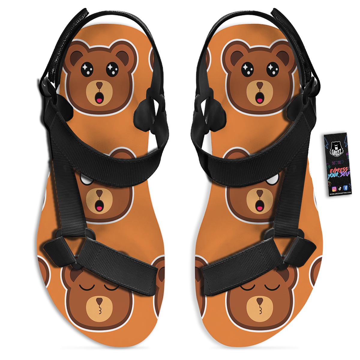 Emoji Teddy Bear Print Black Open Toe Sandals-grizzshop