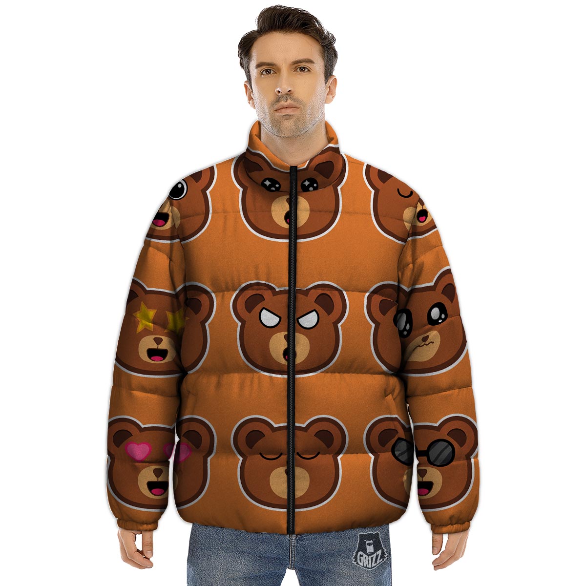 Emoji Teddy Bear Print Puffer Jacket-grizzshop
