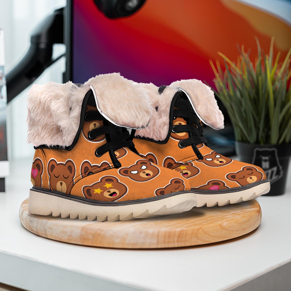 Emoji Teddy Bear Print Snow Boots-grizzshop