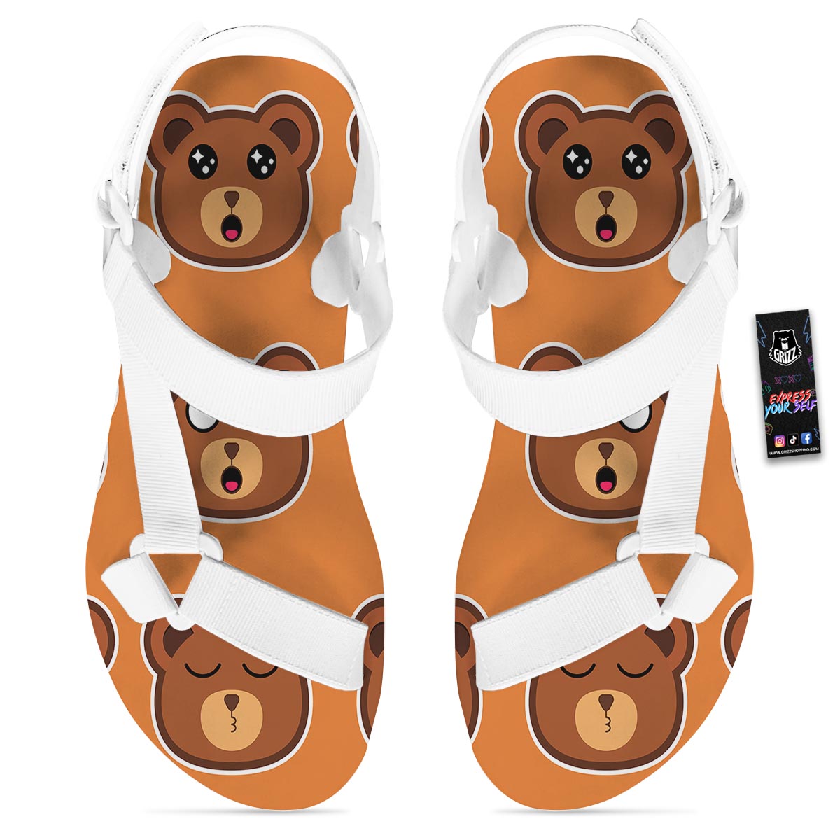 Emoji Teddy Bear Print White Open Toe Sandals-grizzshop