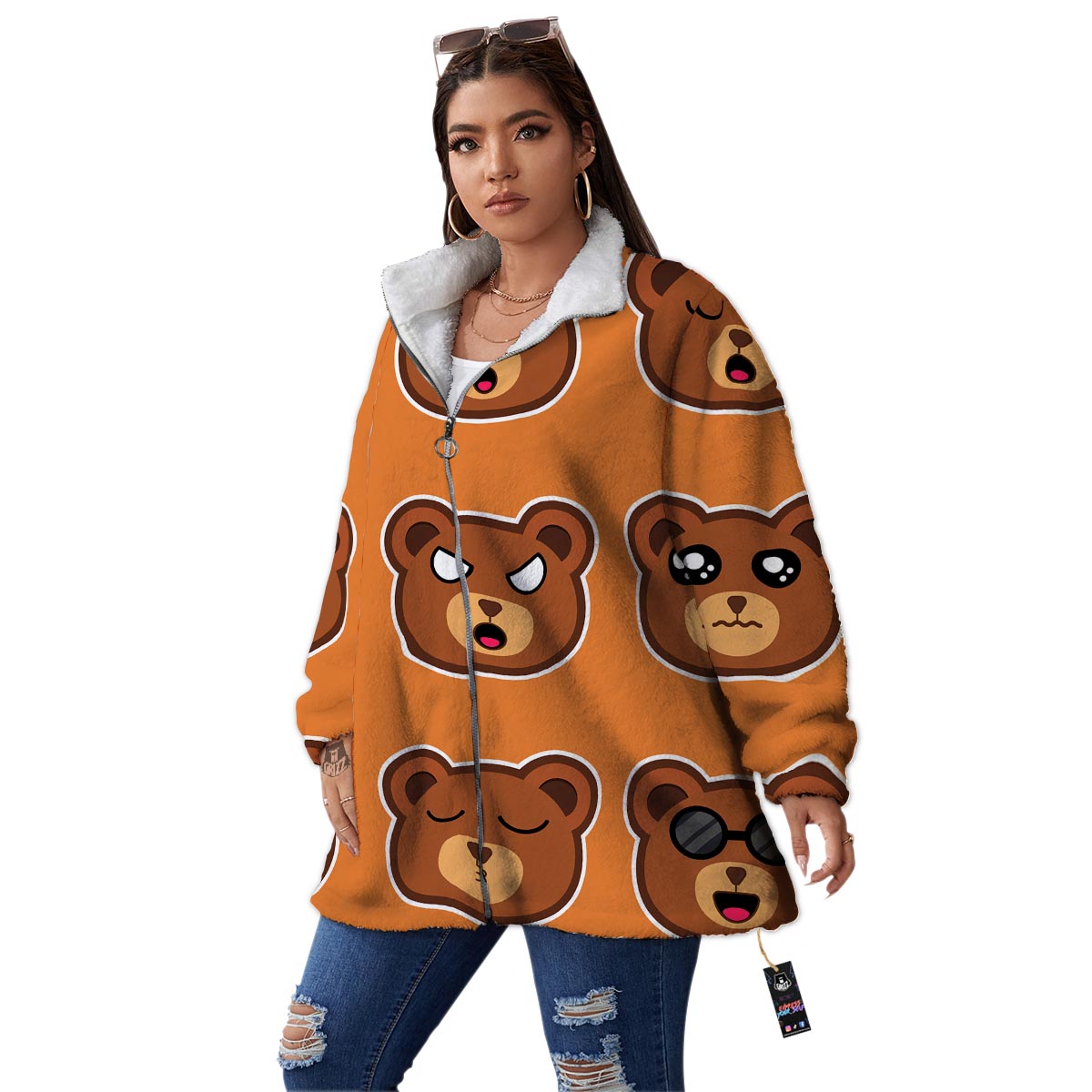 Emoji Teddy Bear Print Women's Sherpa Jacket-grizzshop