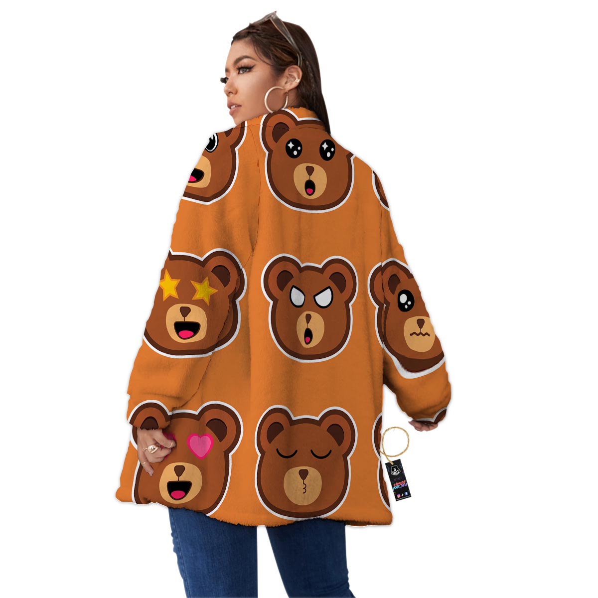 Emoji Teddy Bear Print Women's Sherpa Jacket-grizzshop