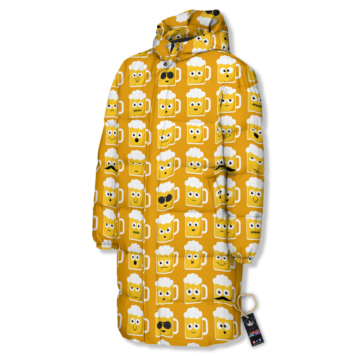 Emoji Beer Mugs Yellow Print Pattern Long Down Jacket