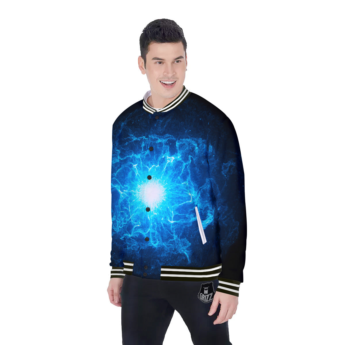 Energy Blue Plasma Print Baseball Jacket-grizzshop