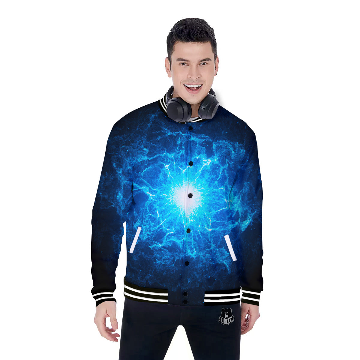 Energy Blue Plasma Print Baseball Jacket-grizzshop