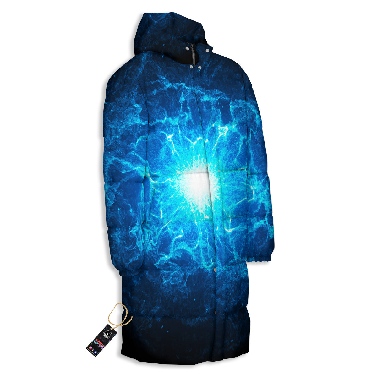 Energy Blue Plasma Print Long Down Jacket-grizzshop