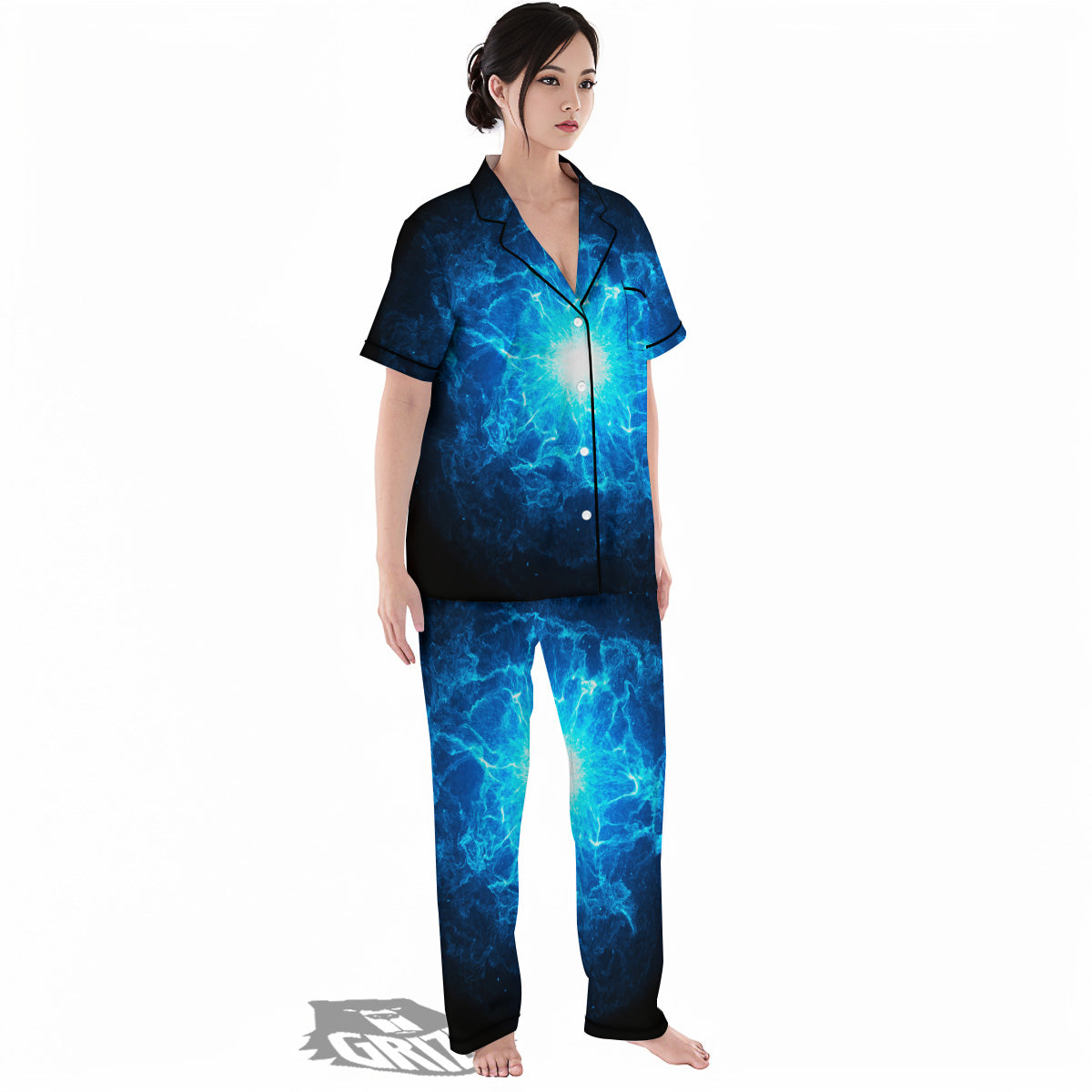 Energy Blue Plasma Print Women's Pajamas Set-grizzshop