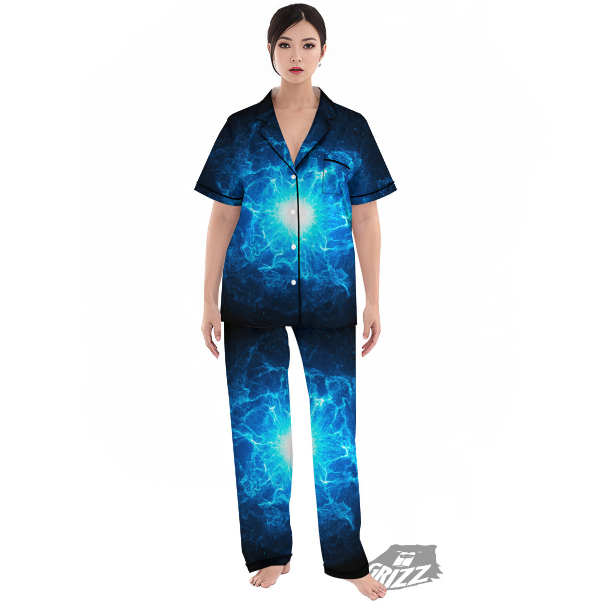 Energy Blue Plasma Print Women's Pajamas Set-grizzshop