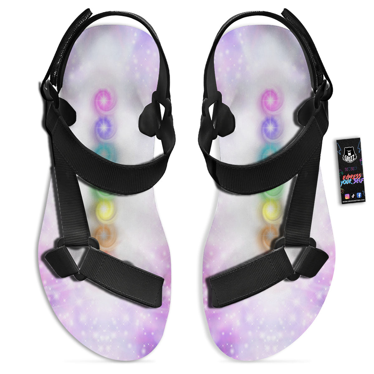 Energy Seven Chakras Print Black Open Toe Sandals-grizzshop
