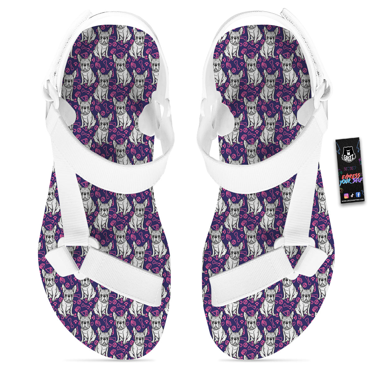 English Bulldog Cute Print Pattern White Open Toe Sandals-grizzshop