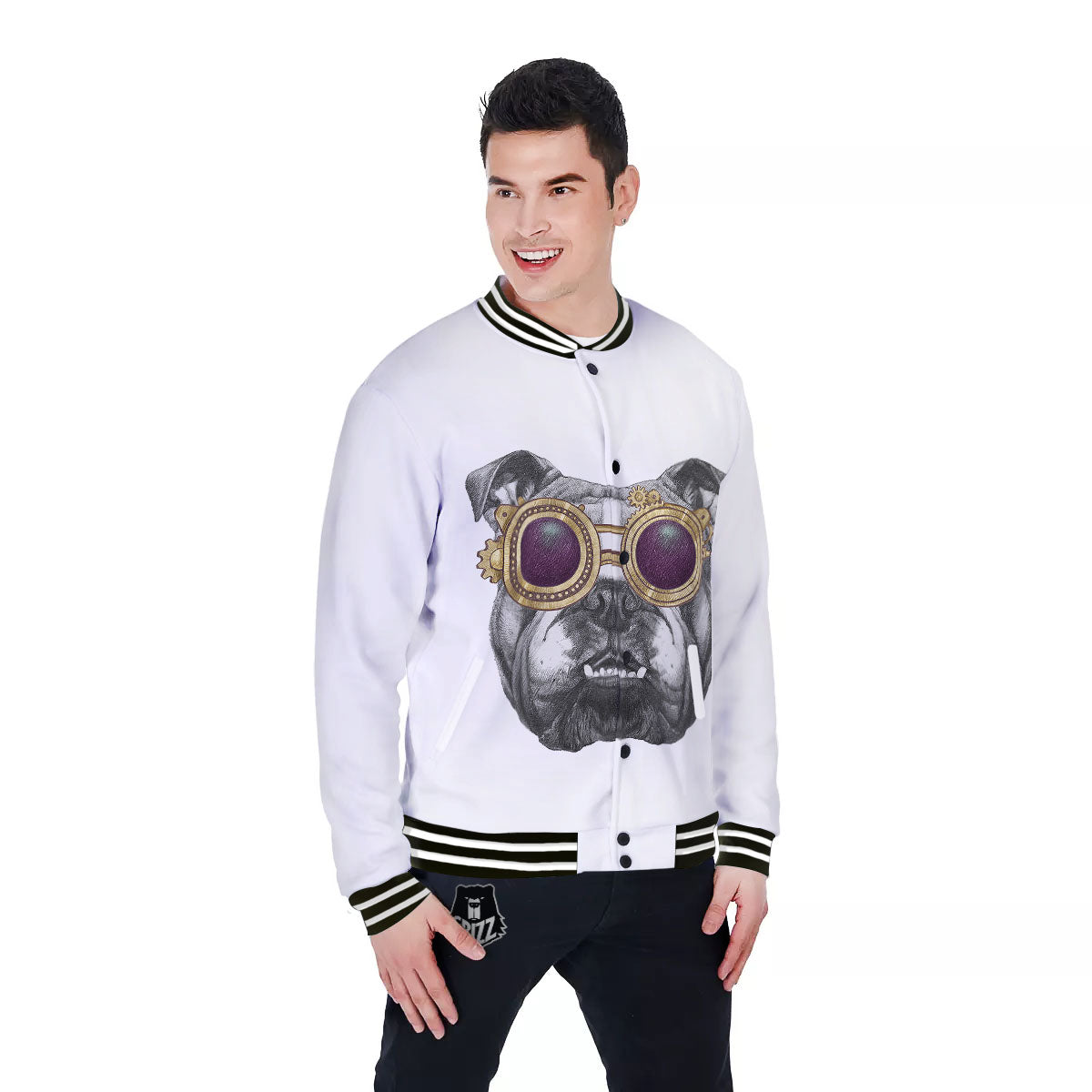 English Bulldog Wearing Glasses Print Baseball Jacket-grizzshop