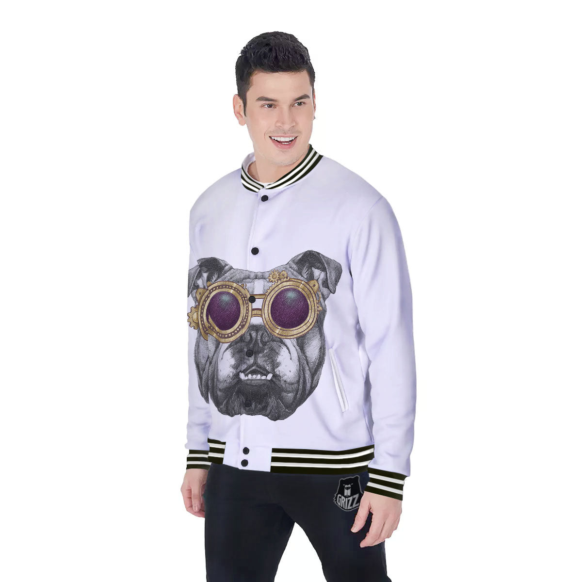 English Bulldog Wearing Glasses Print Baseball Jacket-grizzshop