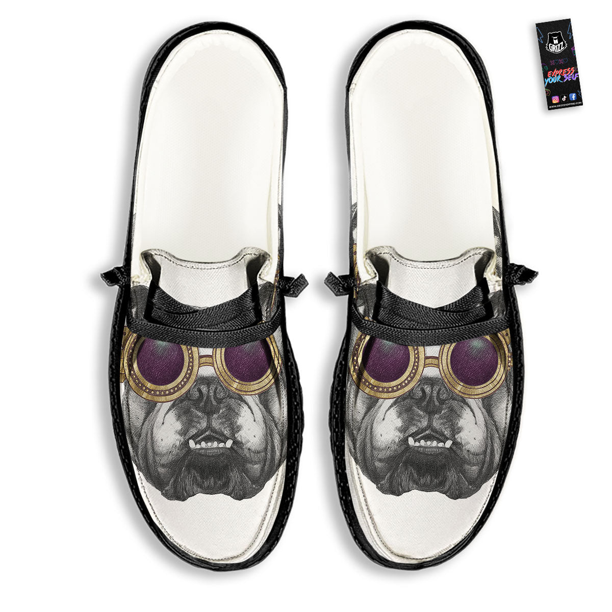 English Bulldog Wearing Glasses Print Black Loafers-grizzshop