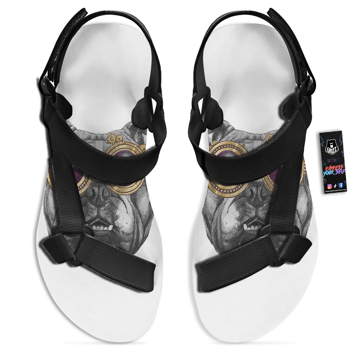 English Bulldog Wearing Glasses Print Black Open Toe Sandals-grizzshop