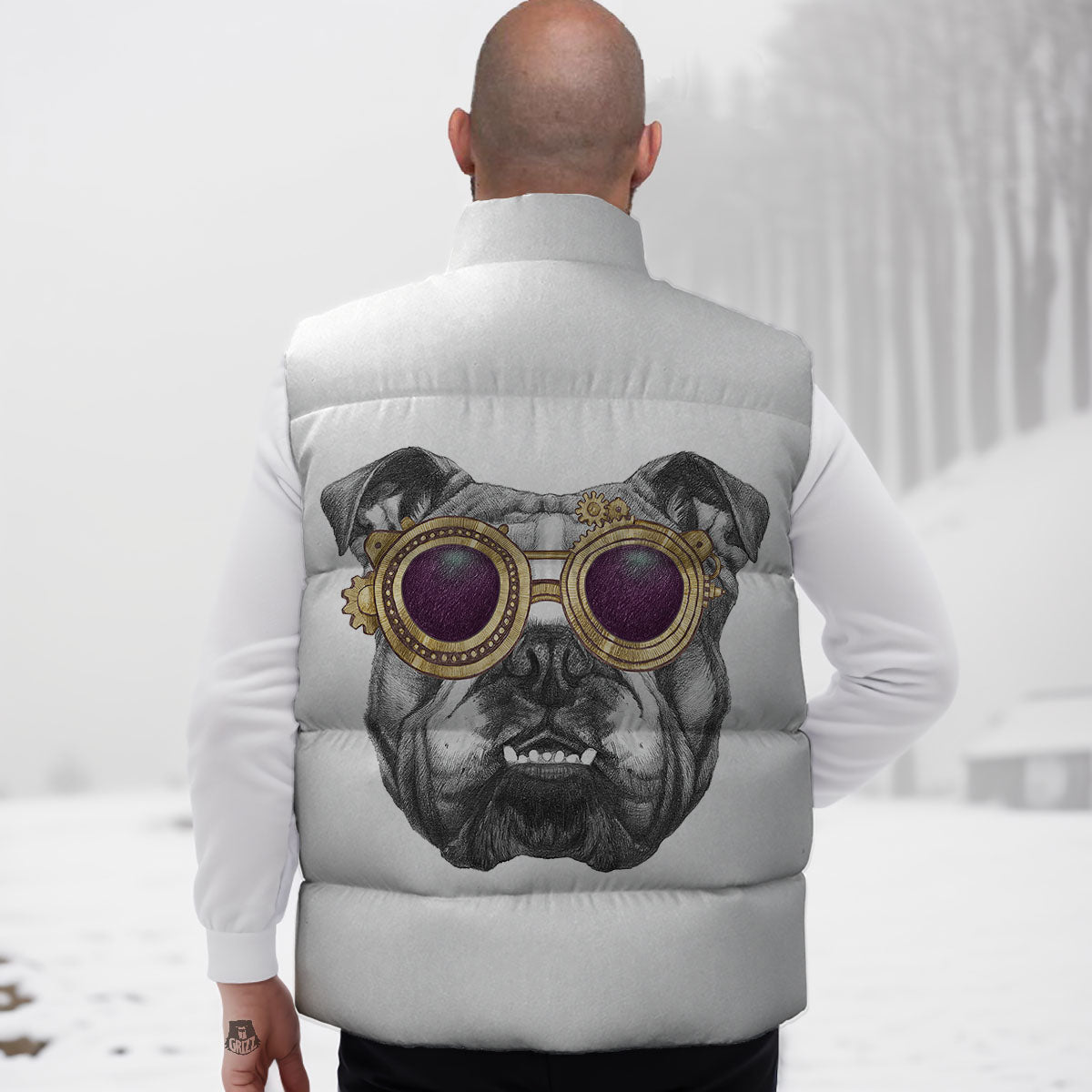 English Bulldog Wearing Glasses Print Down Vest