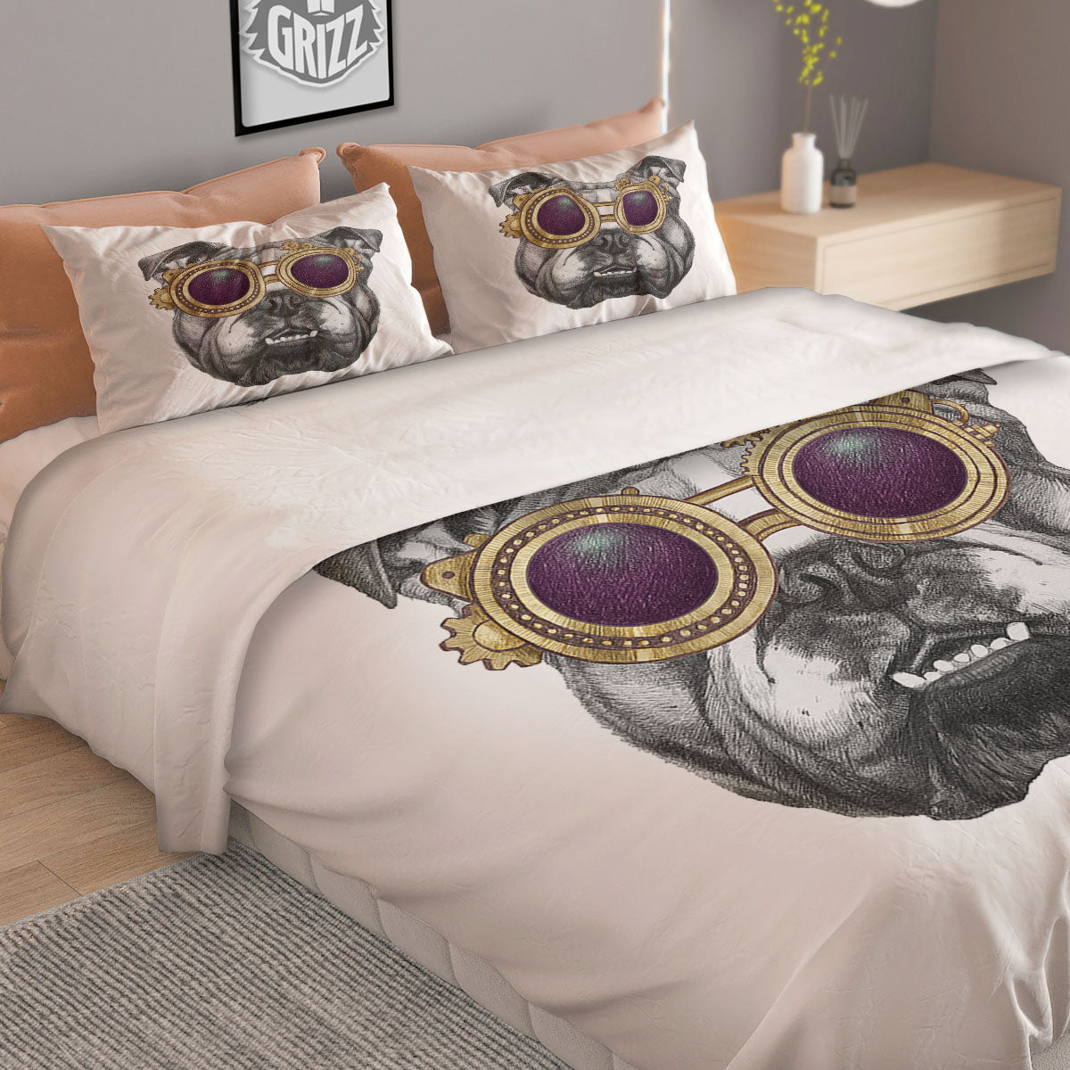 English Bulldog Wearing Glasses Print Duvet Cover Bedding Set