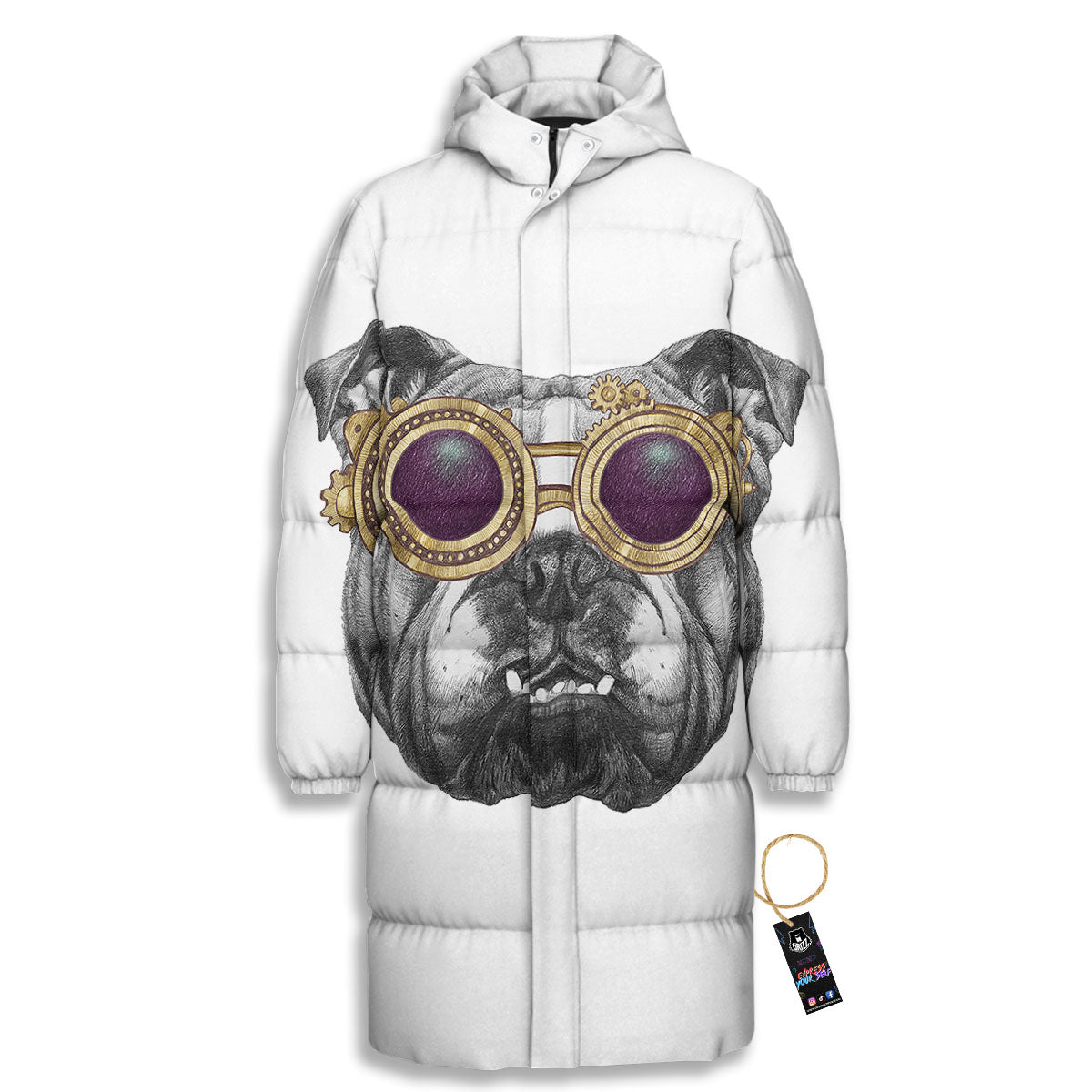 English Bulldog Wearing Glasses Print Long Down Jacket-grizzshop