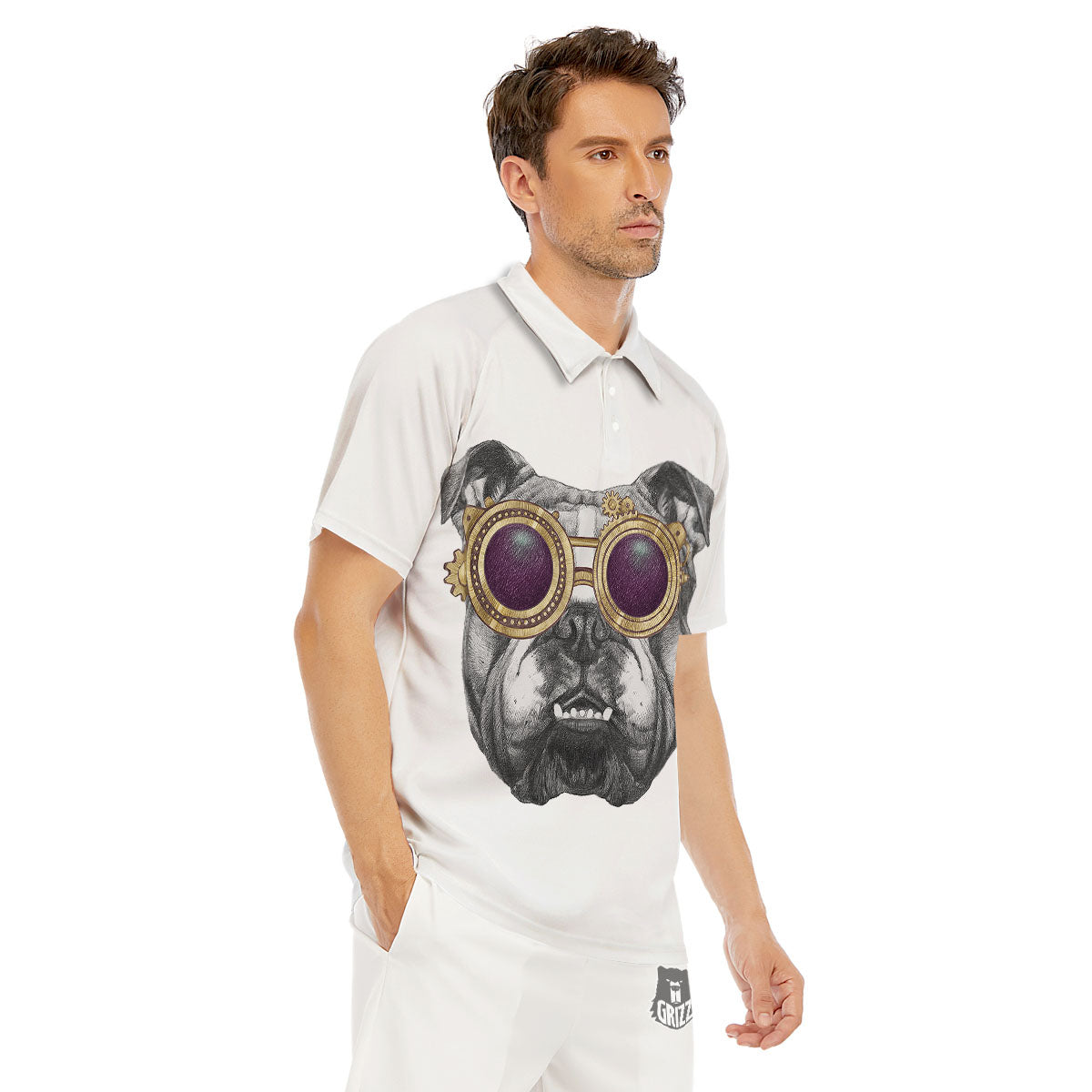 English Bulldog Wearing Glasses Print Men's Golf Shirts-grizzshop