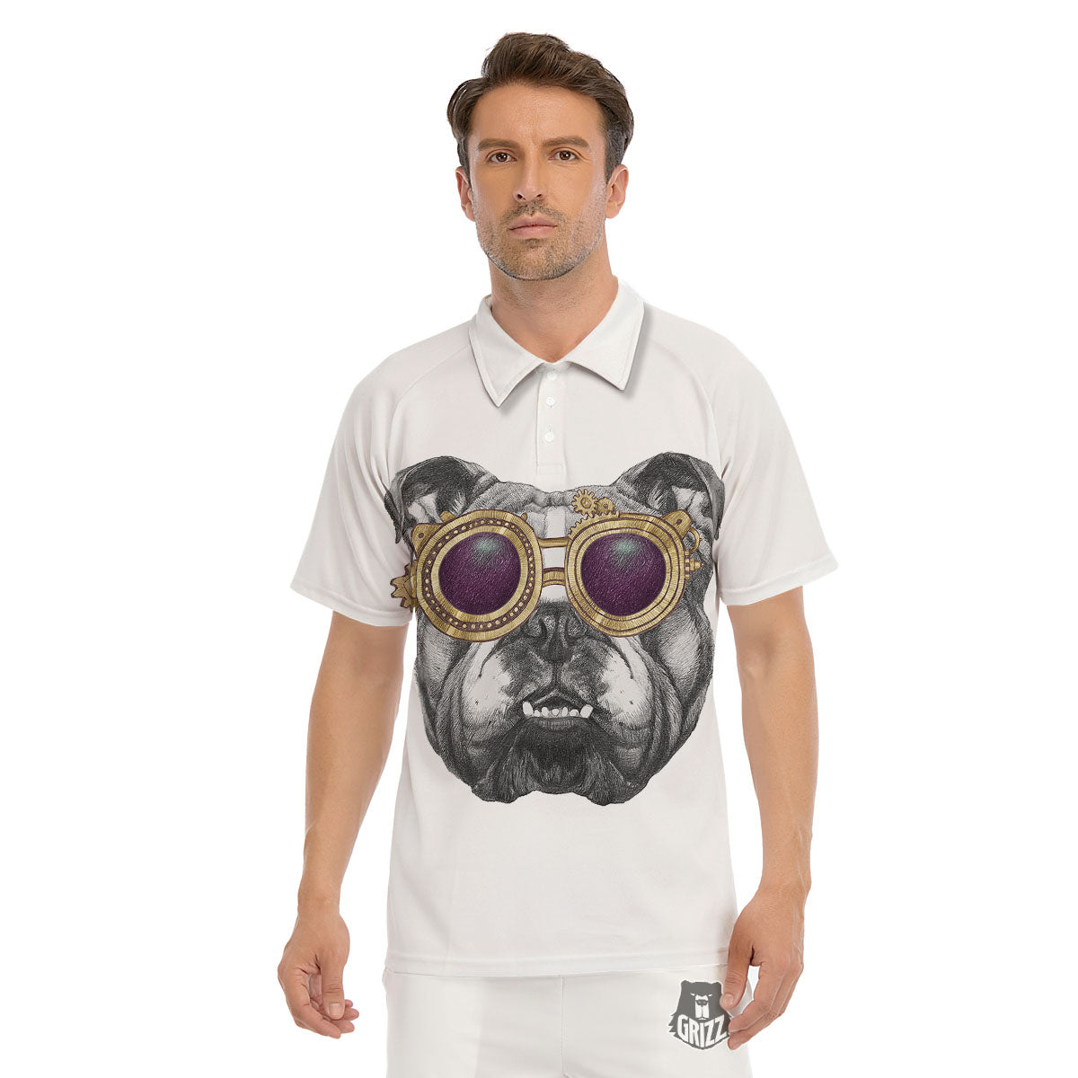 English Bulldog Wearing Glasses Print Men's Golf Shirts-grizzshop