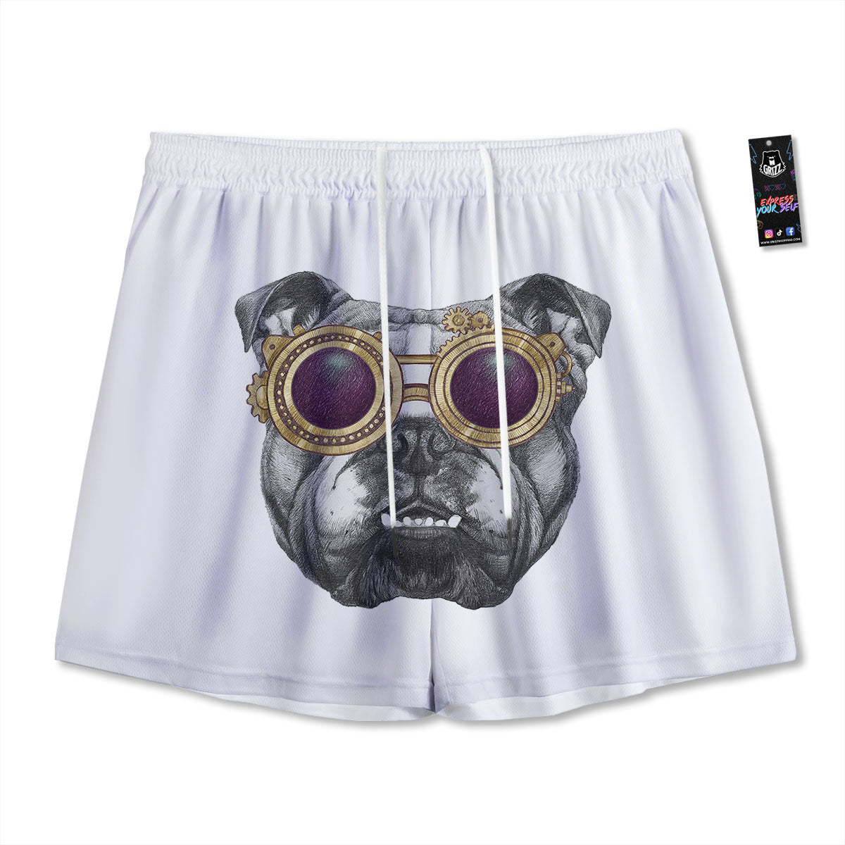 English Bulldog Wearing Glasses Print Mesh Shorts