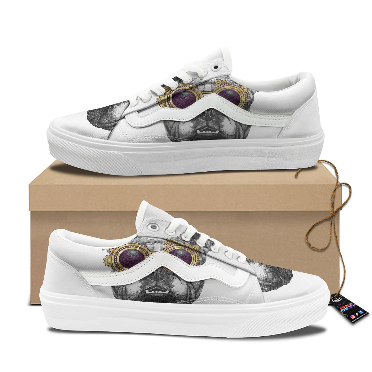 English Bulldog Wearing Glasses Print Skate Shoes-grizzshop
