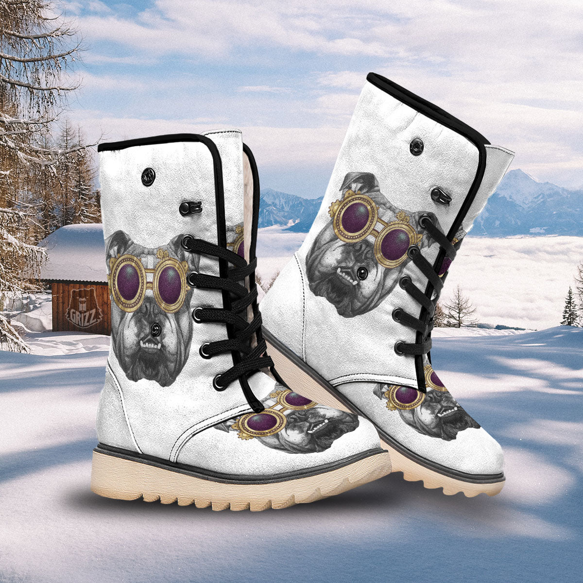 English Bulldog Wearing Glasses Print Snow Boots-grizzshop