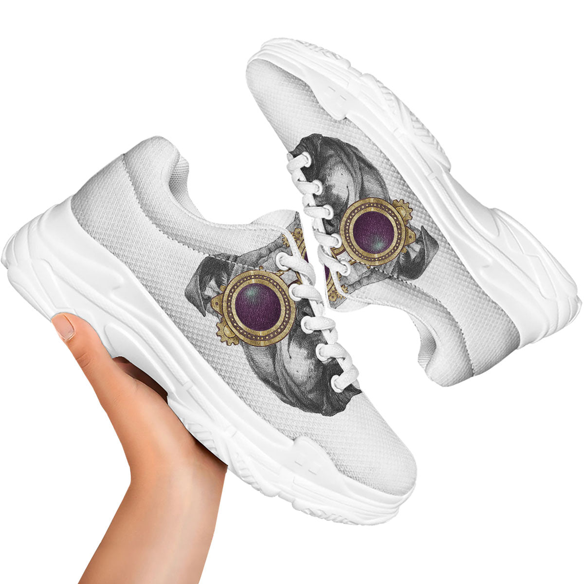 English Bulldog Wearing Glasses Print White Chunky Shoes-grizzshop