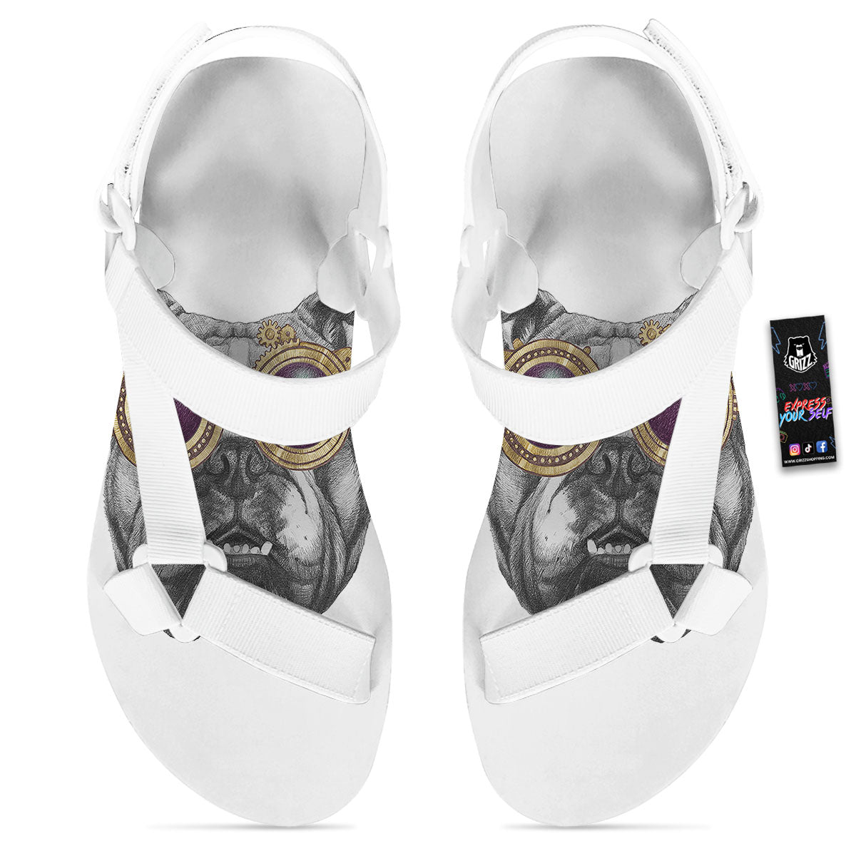 English Bulldog Wearing Glasses Print White Open Toe Sandals-grizzshop