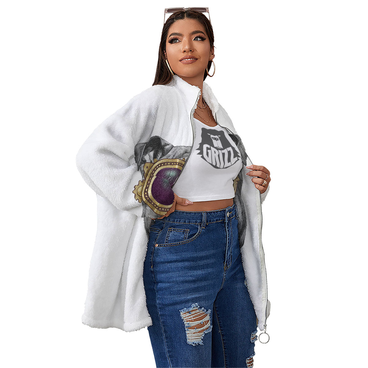 English Bulldog Wearing Glasses Print Women's Sherpa Jacket-grizzshop