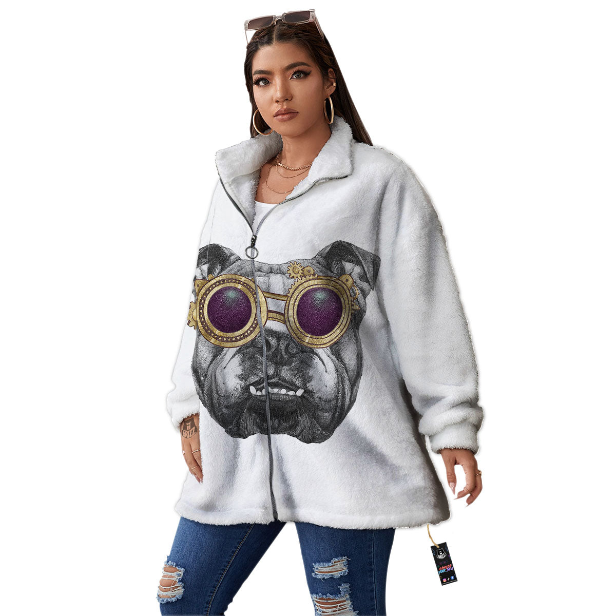 English Bulldog Wearing Glasses Print Women's Sherpa Jacket-grizzshop