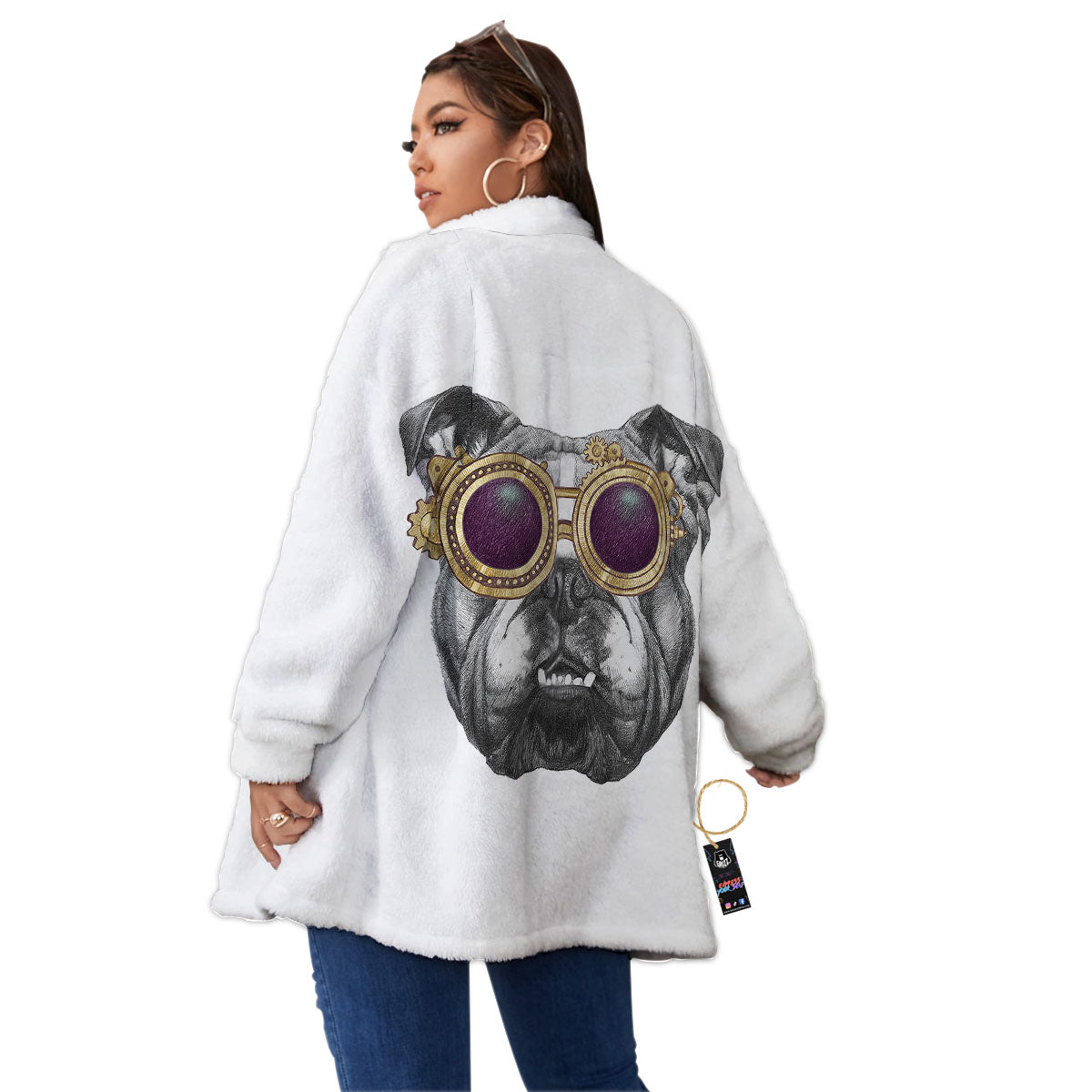 English Bulldog Wearing Glasses Print Women's Sherpa Jacket-grizzshop