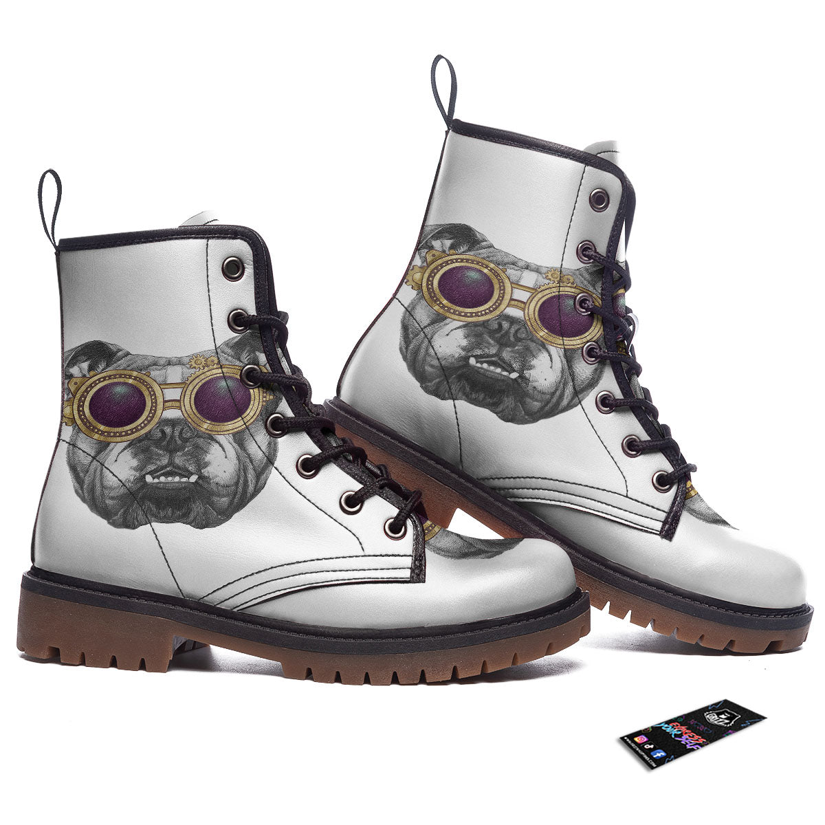 English Bulldog Wearing Glasses Print Work Boots-grizzshop