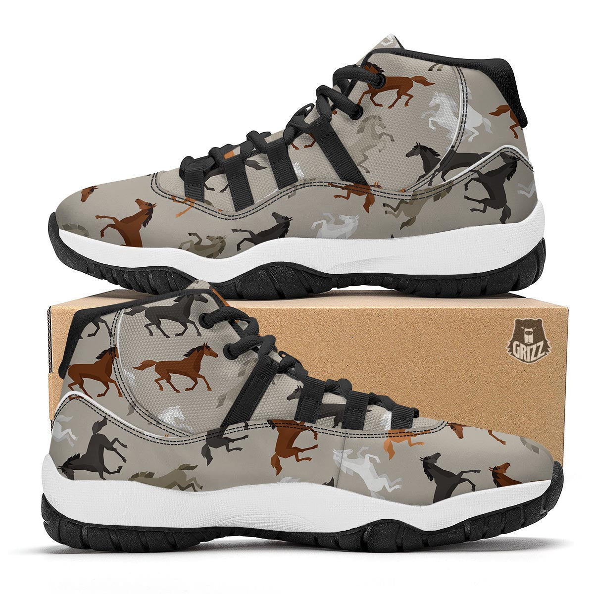 Equestrian Pattern Print Black Bball Shoes-grizzshop