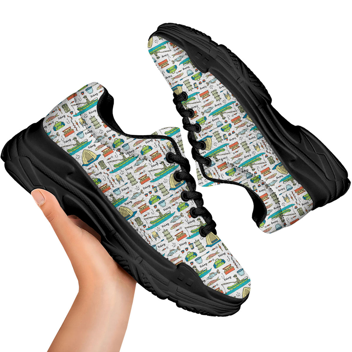 Equipment Fishing Print Pattern Black Chunky Shoes-grizzshop
