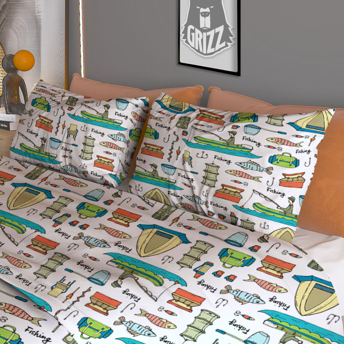Equipment Fishing Print Pattern Duvet Cover Bedding Set