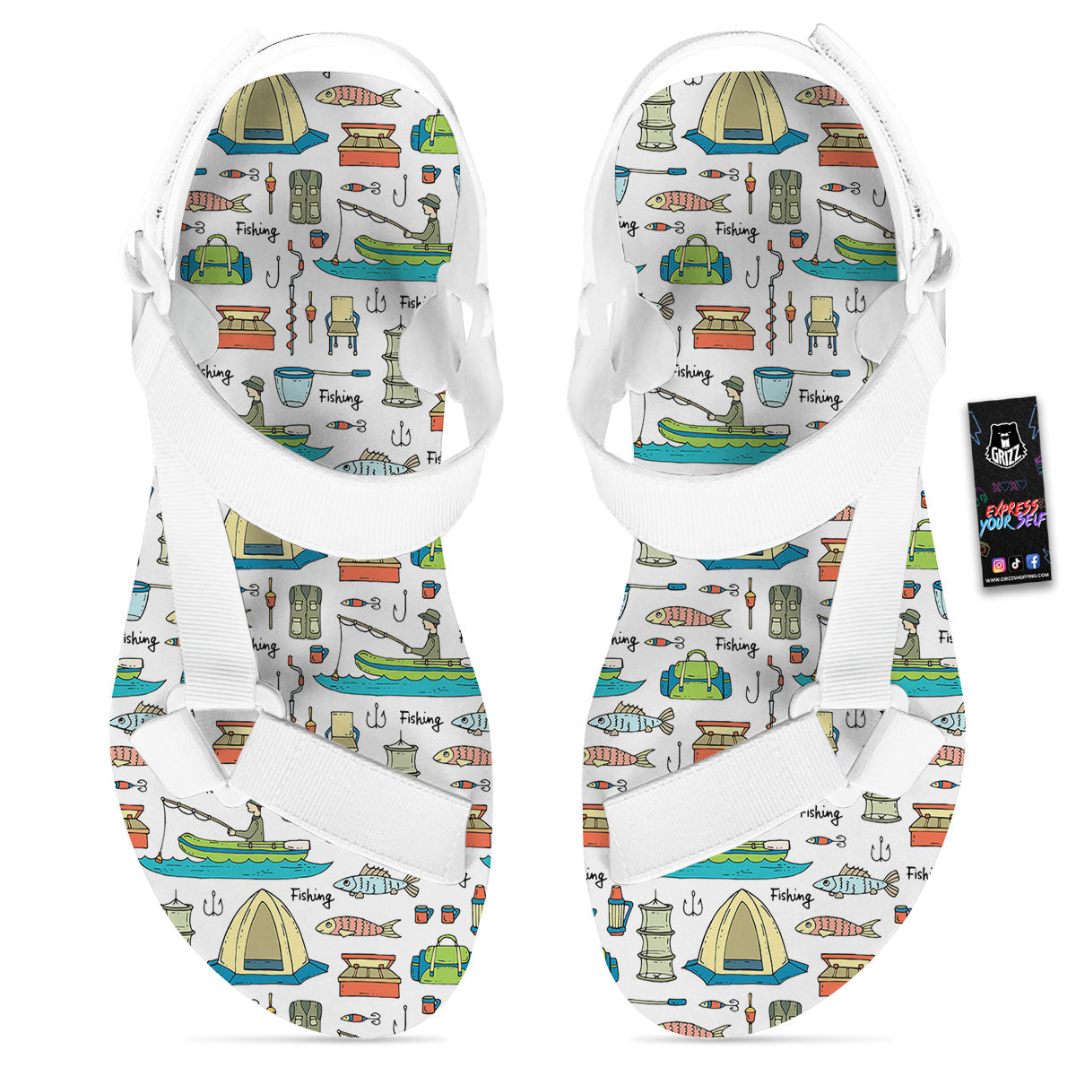 Equipment Fishing Print Pattern White Open Toe Sandals-grizzshop