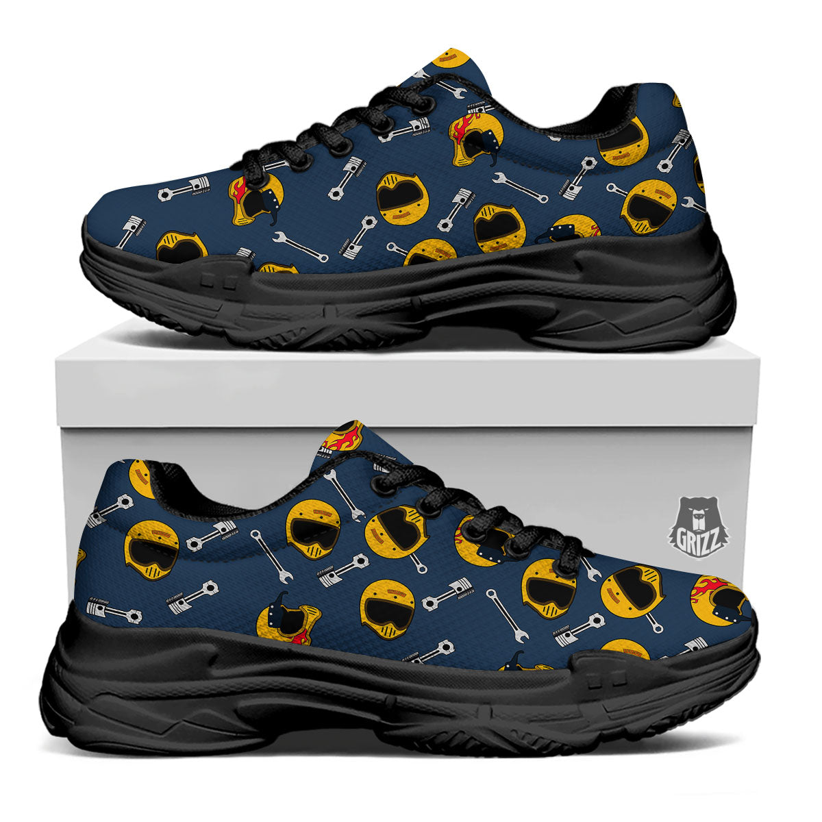 Equipment Motorcycle Print Pattern Black Chunky Shoes-grizzshop