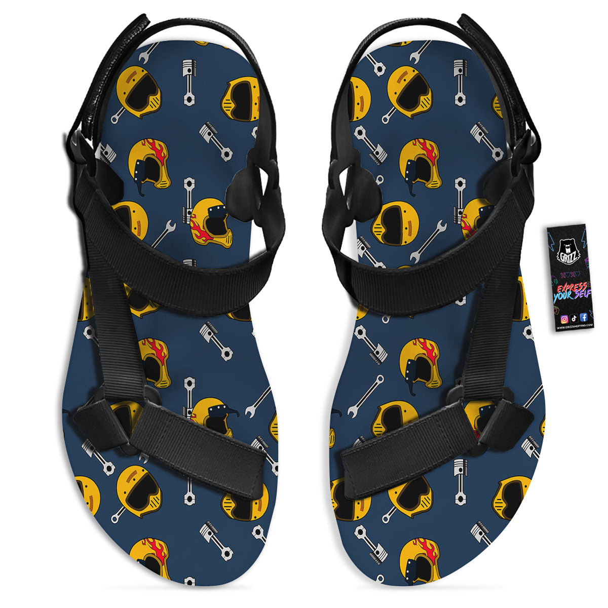 Equipment Motorcycle Print Pattern Black Open Toe Sandals-grizzshop
