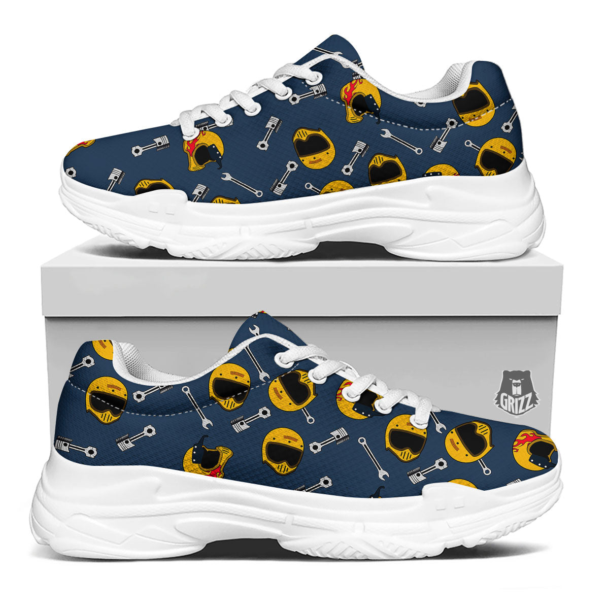 Equipment Motorcycle Print Pattern White Chunky Shoes-grizzshop