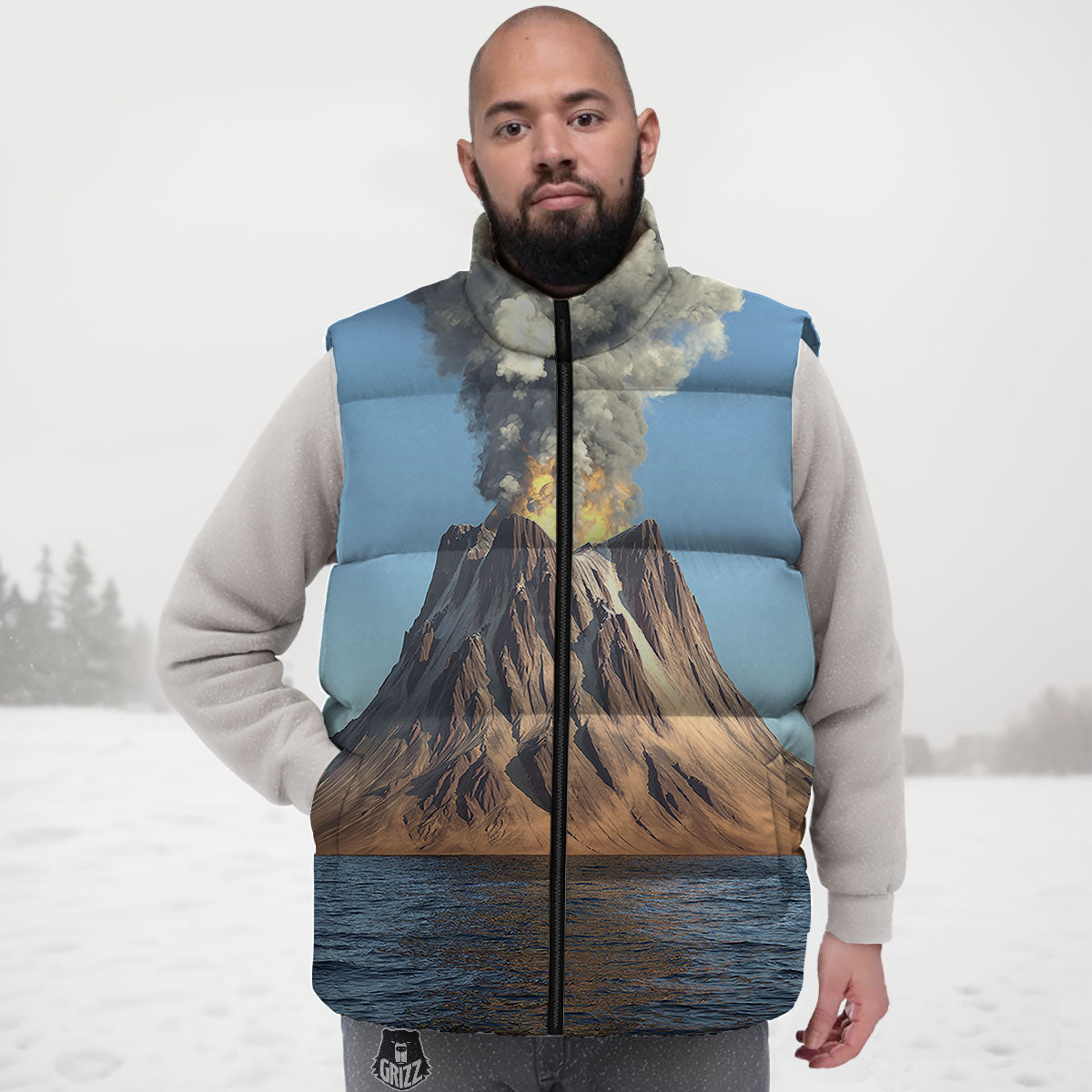 Eruption Volcano Print Down Vest-grizzshop
