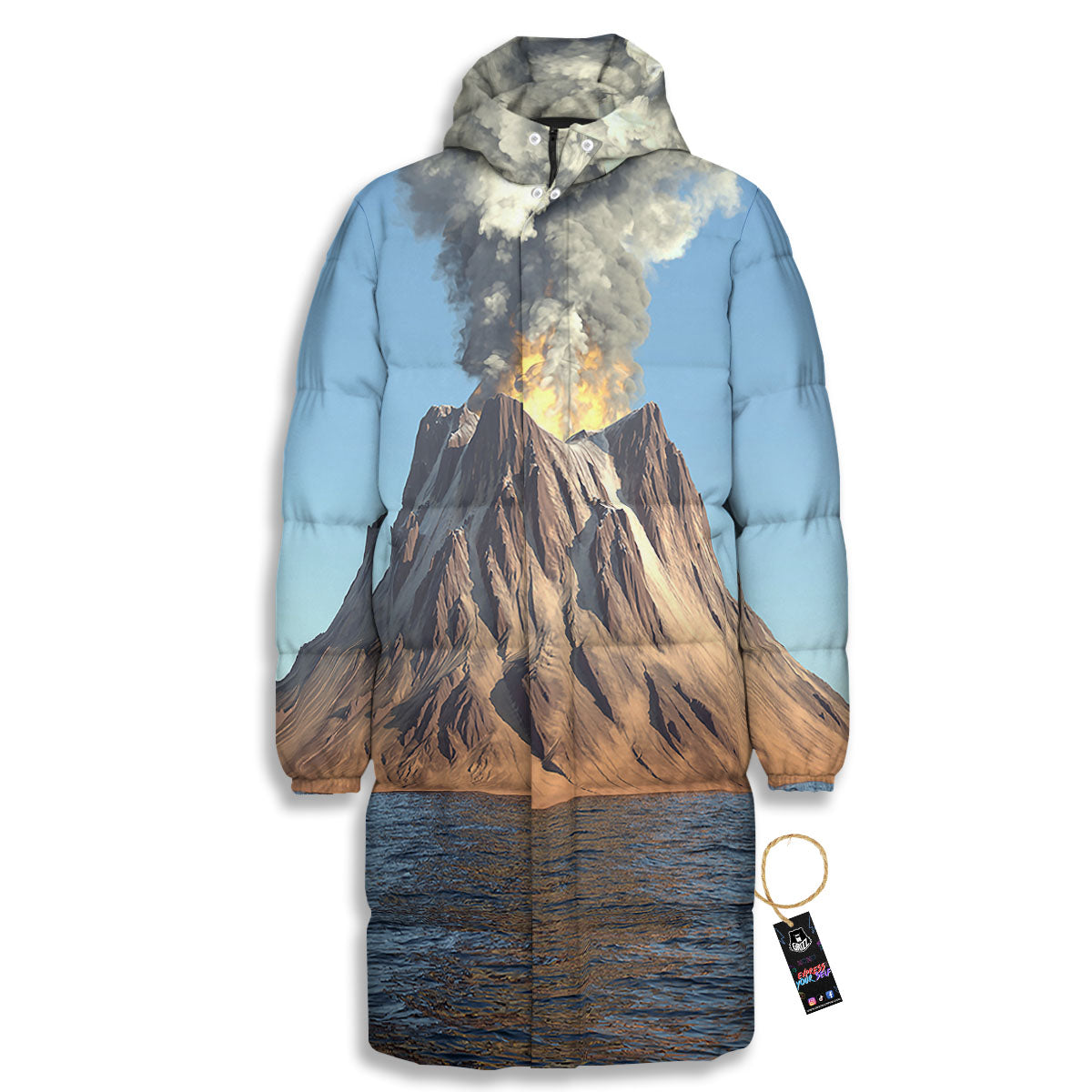 Eruption Volcano Print Long Down Jacket-grizzshop