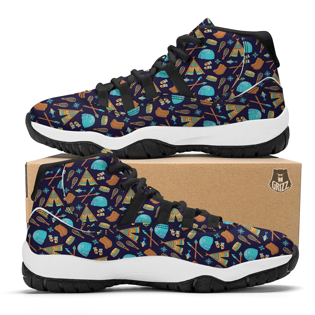 Eskimo Igloo Tent Print Pattern Black Bball Shoes-grizzshop