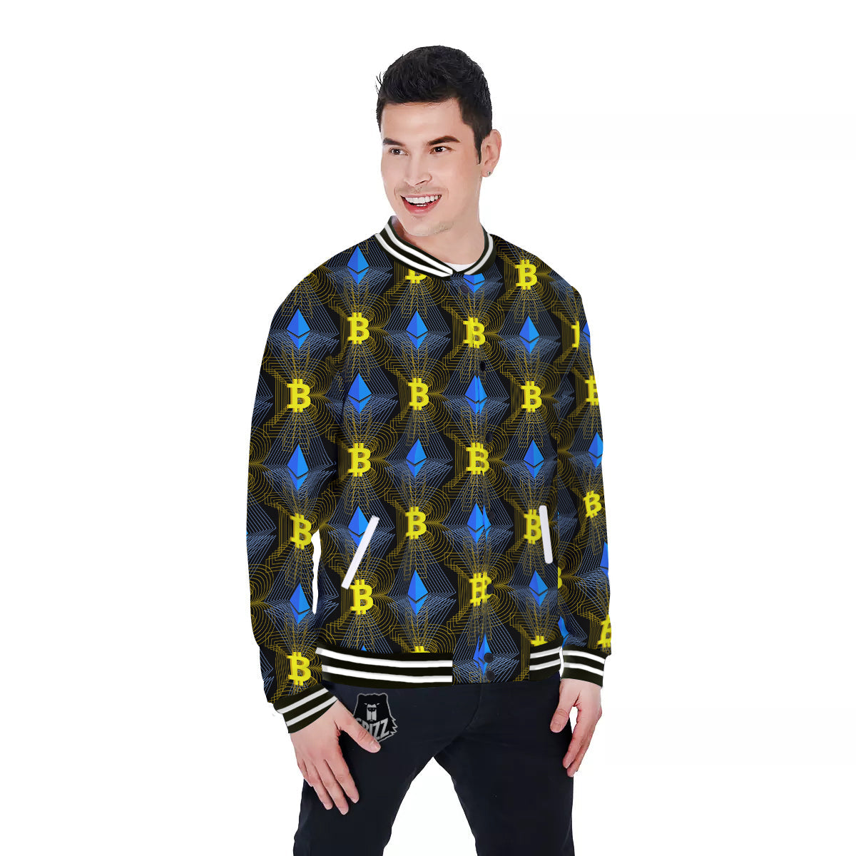 Ethereum And Bitcoin Print Pattern Baseball Jacket-grizzshop