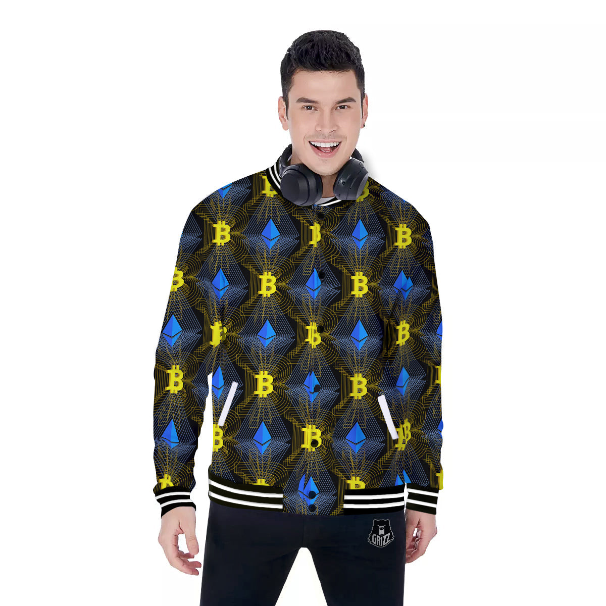 Ethereum And Bitcoin Print Pattern Baseball Jacket-grizzshop