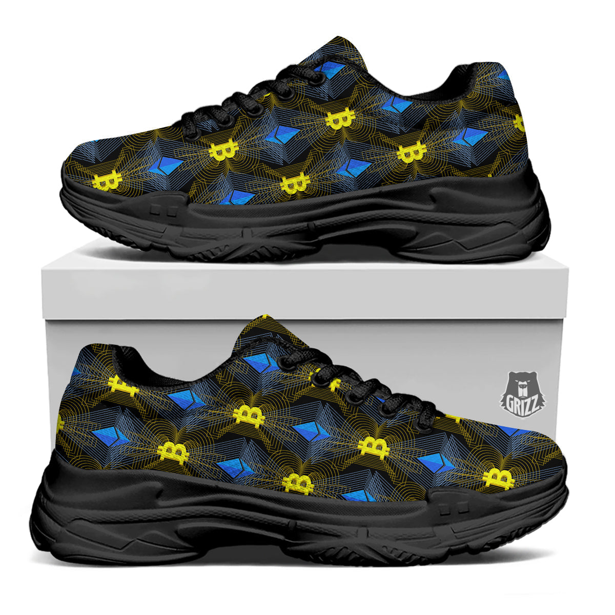 Ethereum And Bitcoin Print Pattern Black Chunky Shoes-grizzshop