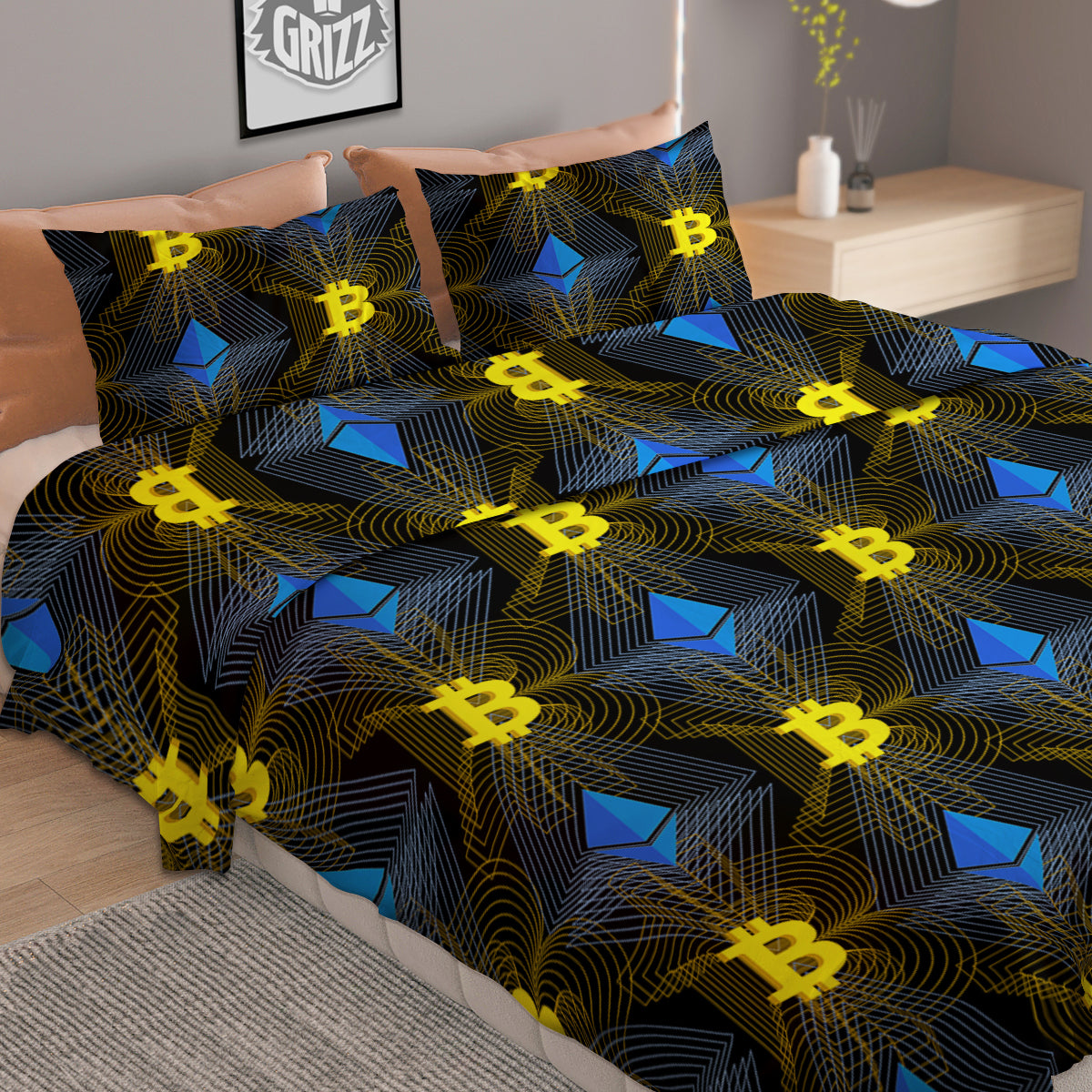Ethereum And Bitcoin Print Pattern Duvet Cover Bedding Set