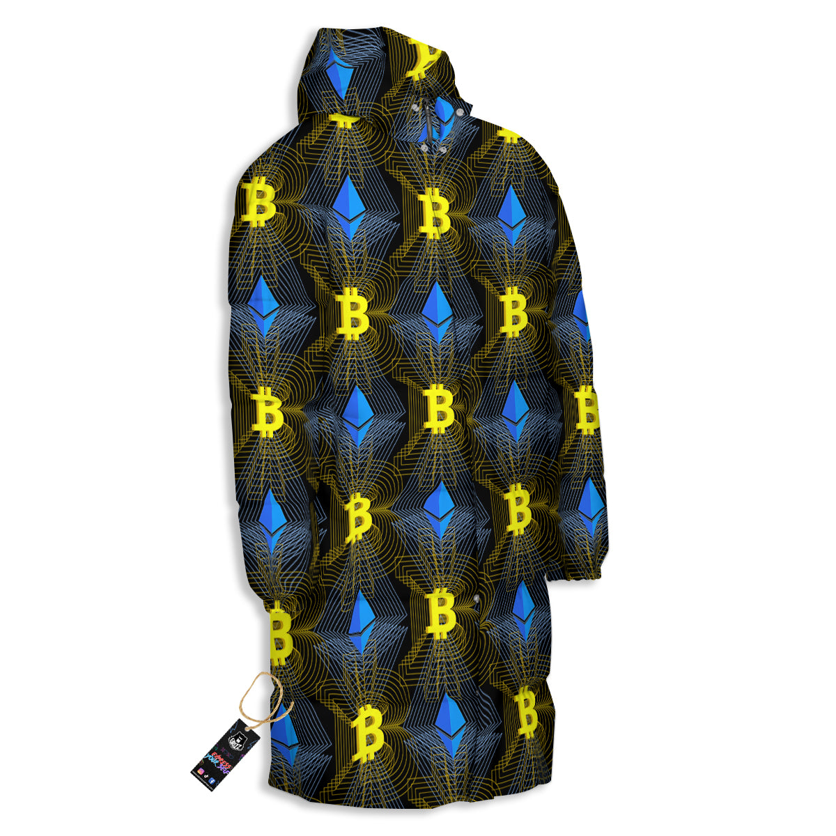 Ethereum And Bitcoin Print Pattern Long Down Jacket-grizzshop