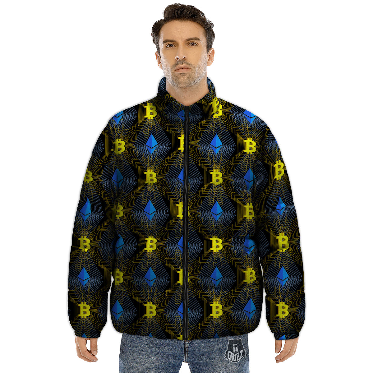 Ethereum And Bitcoin Print Pattern Puffer Jacket-grizzshop