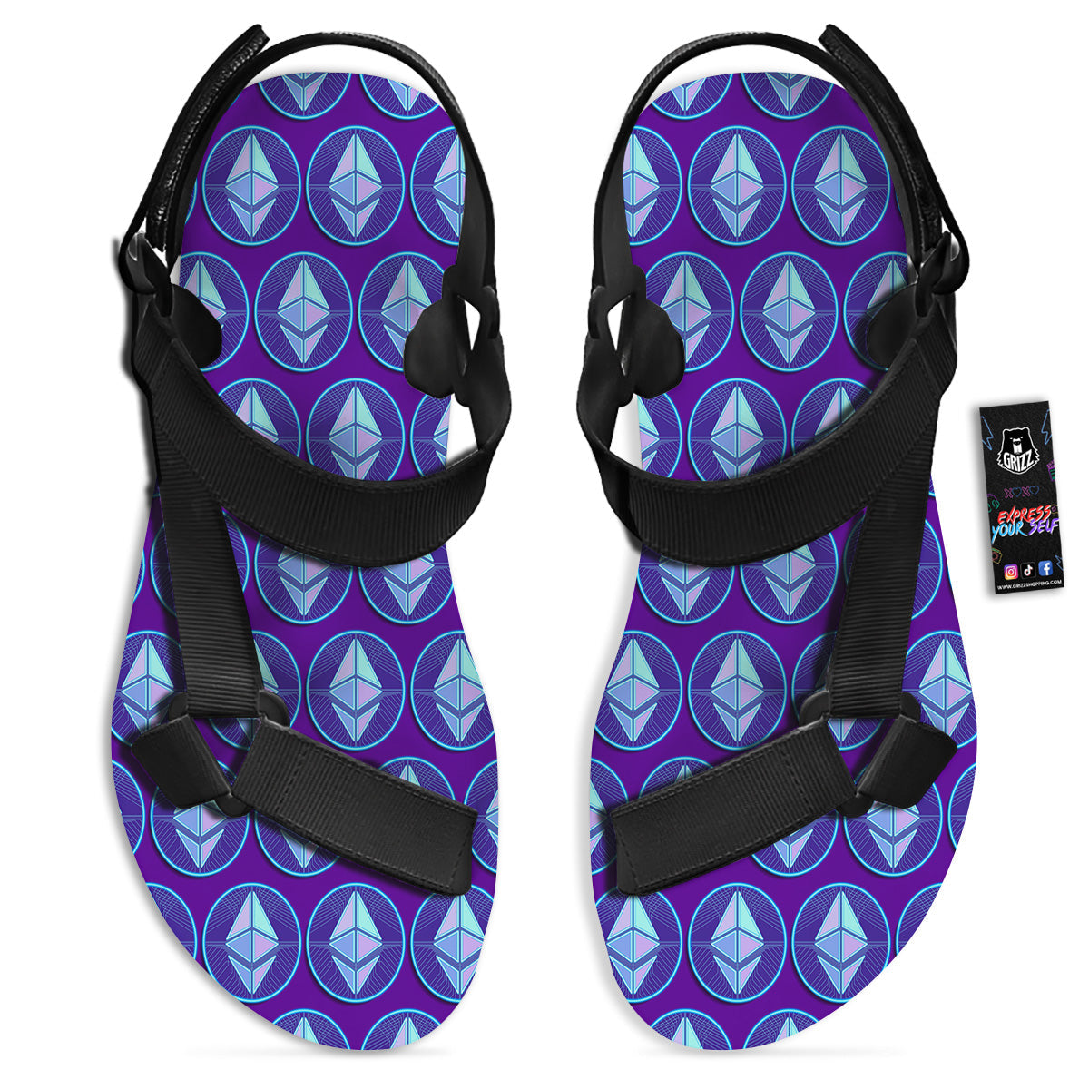 Ethereum Cryptocurrency Print Pattern Black Open Toe Sandals-grizzshop